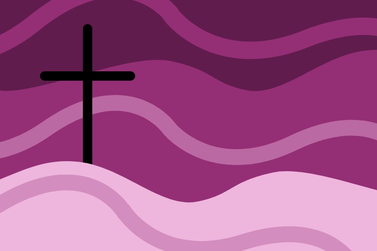 Ristin tie -rukoushetki Risti violetilla pohjalla.