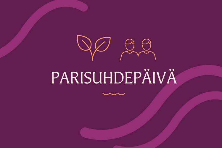 Violetilla pohjalla tapahtuman nimi ja kaaria, kaksi hahmoa ja oksa.