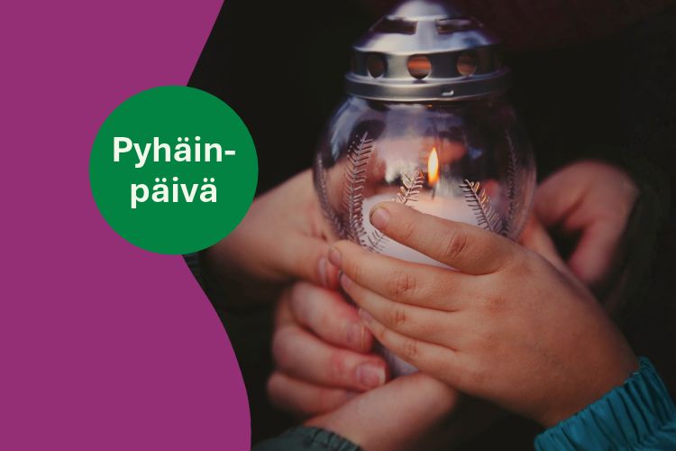 Kynttilälyhty, monen ihmisen kädet ja teksti Pyhäinpäivä.