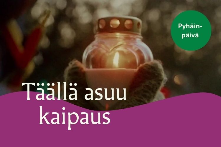 Omainen pitää muistokynttilää. Teksti täällä asuu kaipaus.