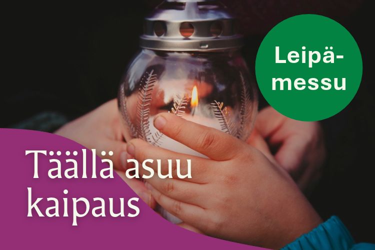 Kuvassa taustalla hautakynttilä ihmisen käsissä. Päällä liila aaltokuvio ja teksti Täällä asuu kaipaus.