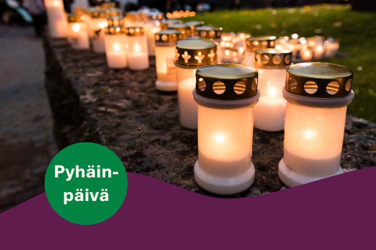 Hautakynttilöitä rivissä kiven päällä ja teksti: Pyhäinpäivä.