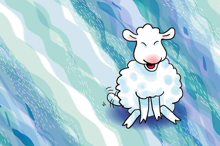 piirros, aaltoileva tausta, etualalla naurava istuva lammas.