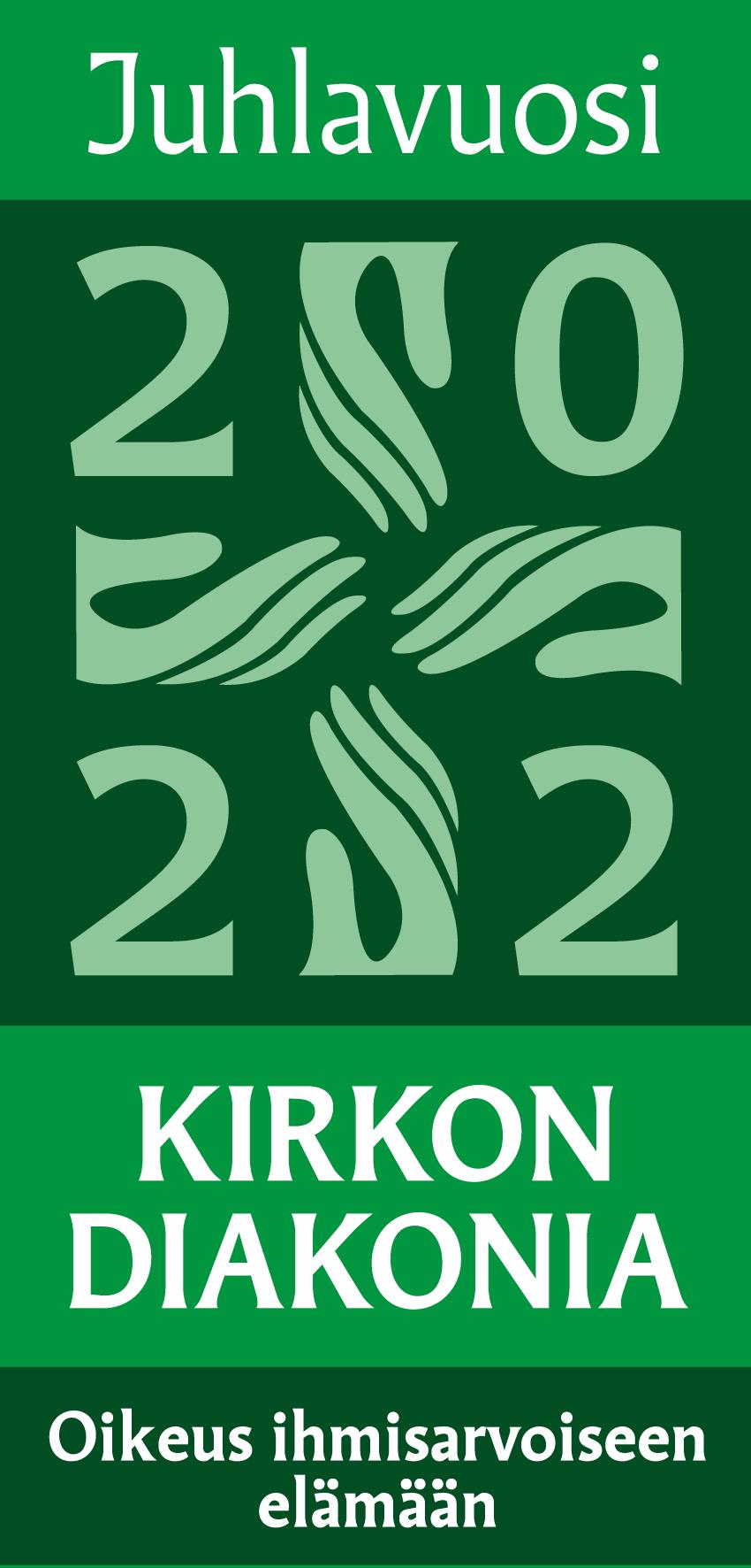 vihreä logo juhlavuosi 2020 kirkon diakonia oikeus ihmisarvoiseen elämään