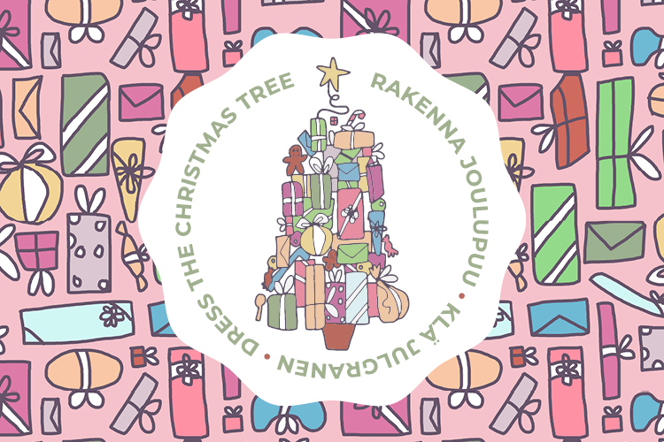 Kuvassa on Rakenna joulupuu -keräyksen logo piirretyllä lahjapakettikuvioisella pohjalla.