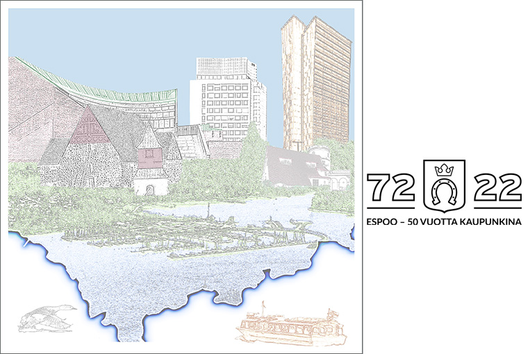 Espoon rakennuksia ja Espoo 50 vuotta -logo.