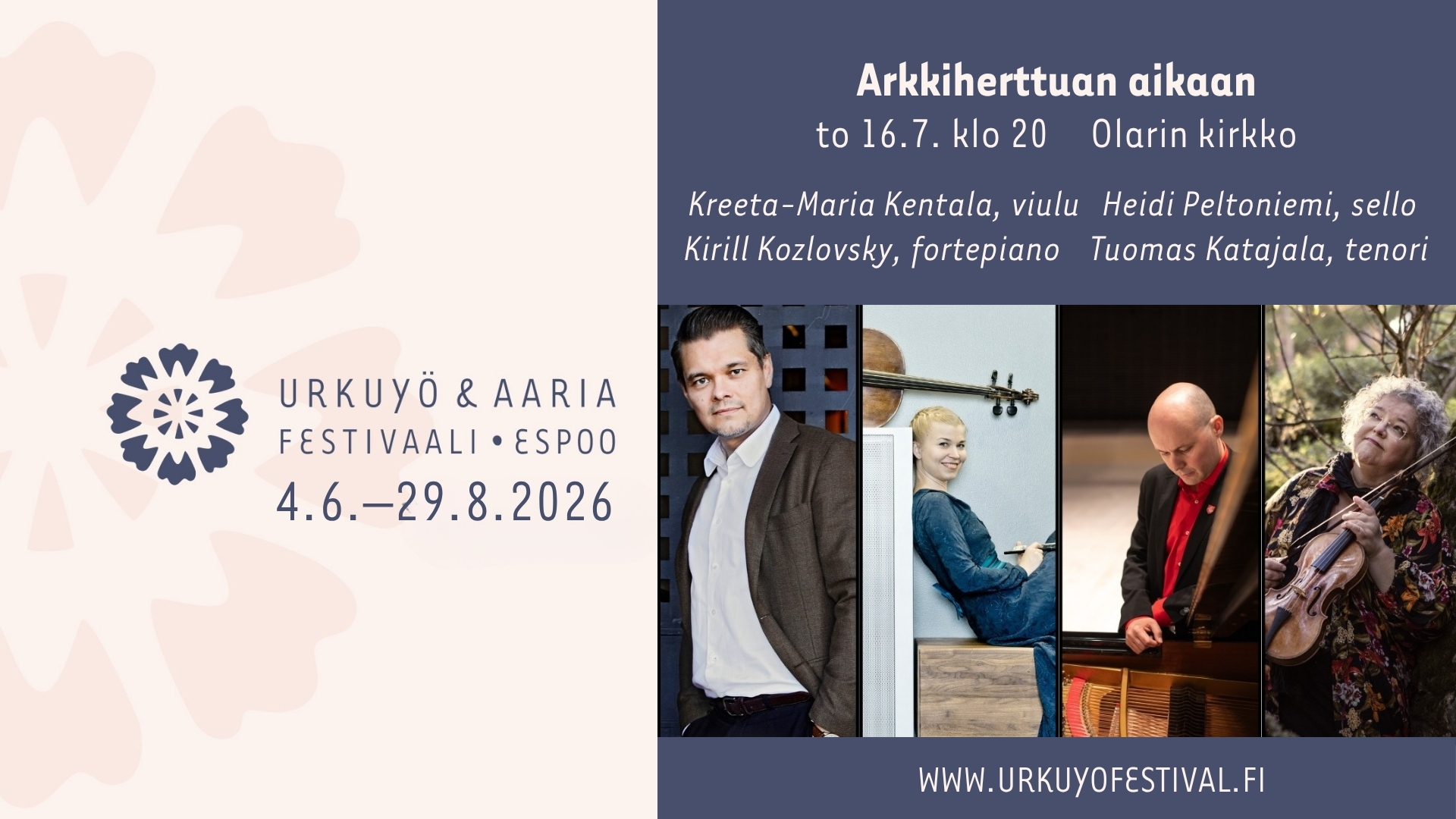 Konsertin mainos, kuvassa Tuomas Katajala ja Kentala-trion jäsenet.