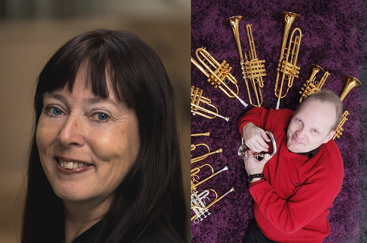 Soiva kesäpäivä -Jouko Harjanne&Satu Ranta Kuvassa urkuri Satu Ranta ja trumpetisti Jouko Harjanne. Jouko Harjanne on trumpettien ympäröimänä.