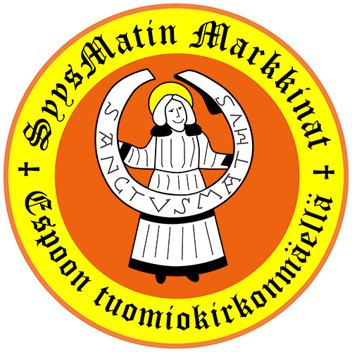 Iloinen musiikillinen perhemessu syysmatin markkinoiden kelta-oranssi logo