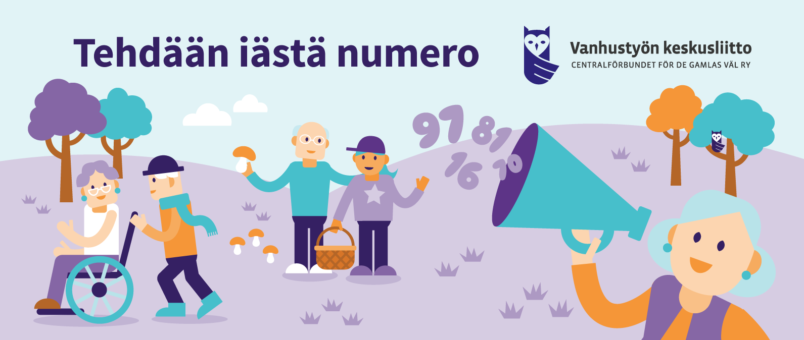 ikäihmisiä ulkoilemassa pyörätuolin kanssa ja retkeilemässä luonnossa, piirroskuva.