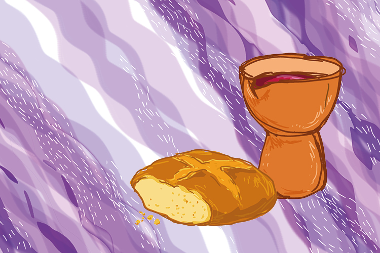 Viikkomessu Piirroskuvassa ehtoollismalja ja -leipä.