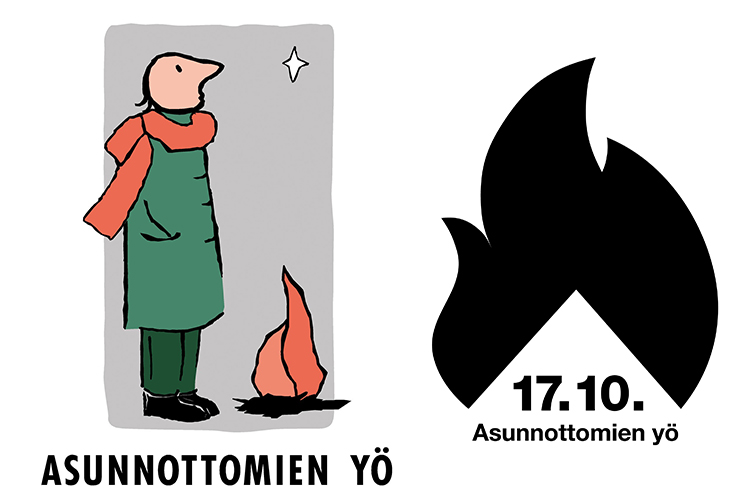 Asunnottomien yö Espoon keskuksessa piirroskuva, jossa ihminen seisoo yksin ulkona ja katsoo kuuta. Vieressä asunnottomien yön logo