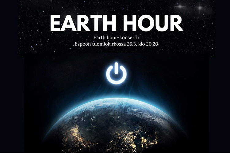 Tumman taivaan edessä osa maapallosta, kuvassa teksti Earth Hour -konsertti Espoon tuomiokirkossa 25.3. klo 20.20.