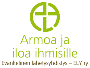 Valkoisella pohjalla ELYn logo vaaleanvihreällä ja samalla värillä teksti armoa ja iloa ihmisille evankelinen lähetysyhdistys ely ry