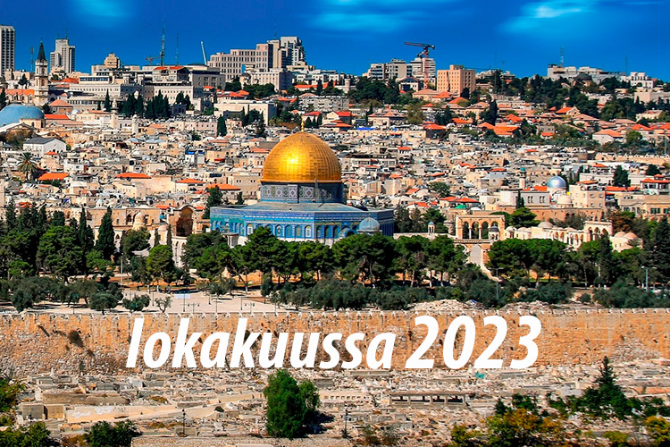 Kuva Jerusalemin kaupungista. Kuvassa paljon kivestä rakennettuja matalia taloja ja taustalla korkeita kerrostaloja sekä nostokurkia, taivas on sininen. Etualalla kultakupolinen kirkko
