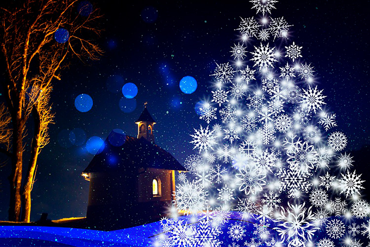 talosta loistaa valo, etualalla suuri joulukuusi, joka koostuu tähdistä