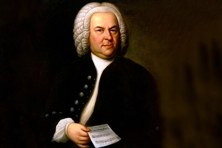 Säveltäjä Johann Sebastian Bach 1700-luvun vaatetuksessaan ja valkoisessa peruukissaan.