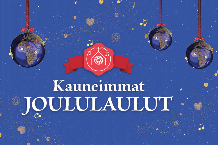 Ylhäällä riippuu useita joulupalloja, alla lukee 