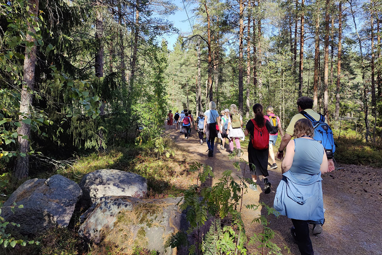 Ihmisiä vaeltamassa kesäisellä metsäpolulla. 