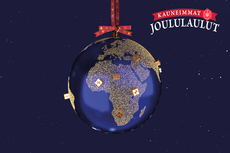 Maapallon näköinen joulupallo tummalla yötaivaalla, ylhäällä oikealla lukee 
