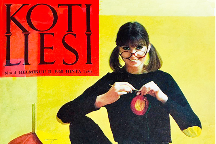 Avonian Kotiliesi-konsertti erityisesti senioreille kuvassa vuoden 1968 Kotiliesi-lehden kansi, jossa nainen virkkaa patalappua isoissa silmälaseissa ja hymyilee kohti kameraa