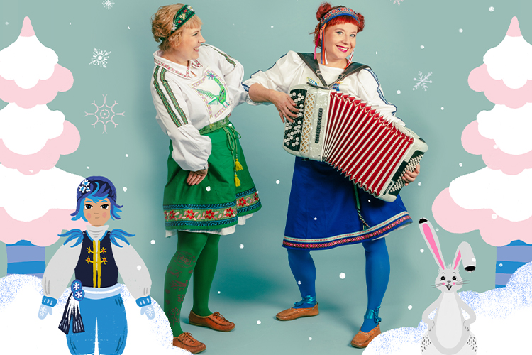 Kaksi naista hassuissa vaatteissa soittavat haitaria, ympärillä on talvinen piirretty maisema ja pupu sekä sinitukkainen tyttö.