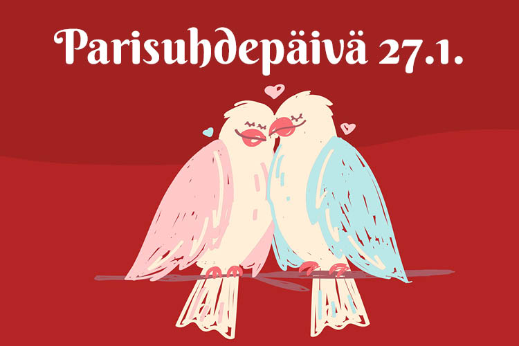 Punataustainen kuva, jossa kaksi rakastunutta lintua lähellä toisiaan. Tekstinä: 