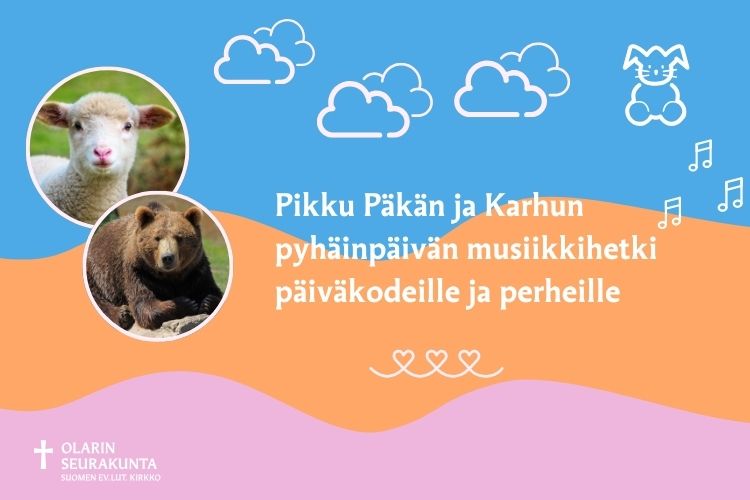 kuvassa lammas ja karhu sekä pilviä ja jäniksen hahmo taivaalla.