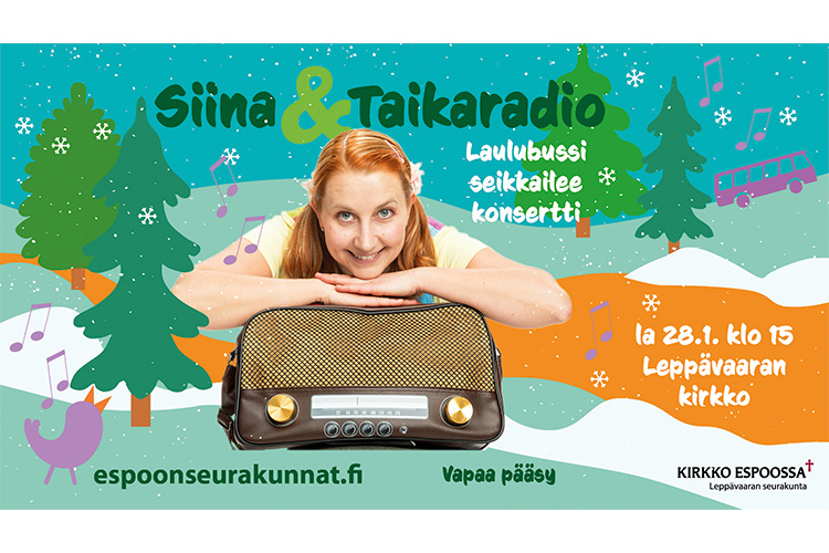 nainen nojaa käsiinsä ja käsien alla on radio, nainen nauraa. Kuvassa lukee Siina & Taikaradio. Laulubussi seikkailee.