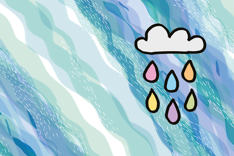piirros, taustalla virtaavaa vettä ja etualalla pilvi josta sataa kuusi värikästä pisaraa