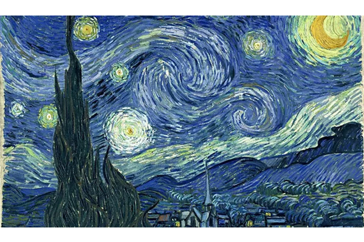 Vincent van Goghin maalaus Tähtikirkas yö, jossa on vahvoin vedoin kuvattu sininen yötaivas ja suuria tähtiä sekä kuu.