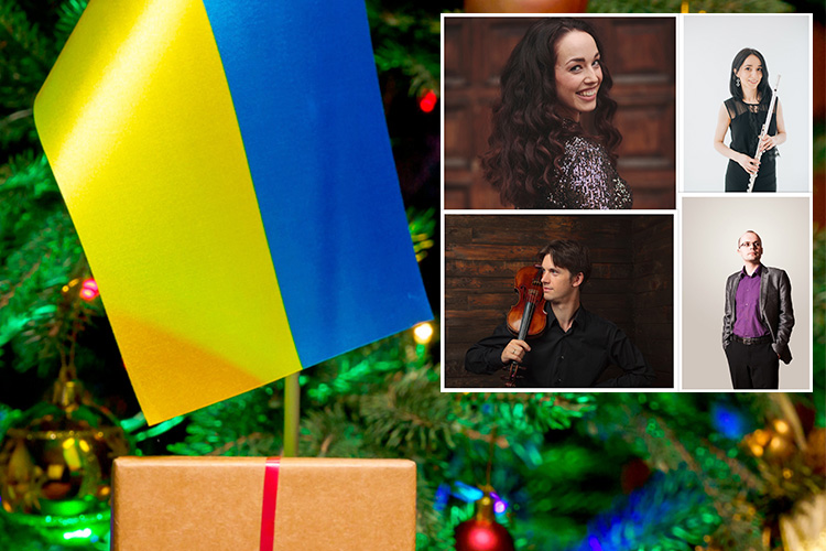 vasemmalla ukrainan lippu joulukuusen edessä, oikeassa yläkulmassa esiintyjien kuvat
