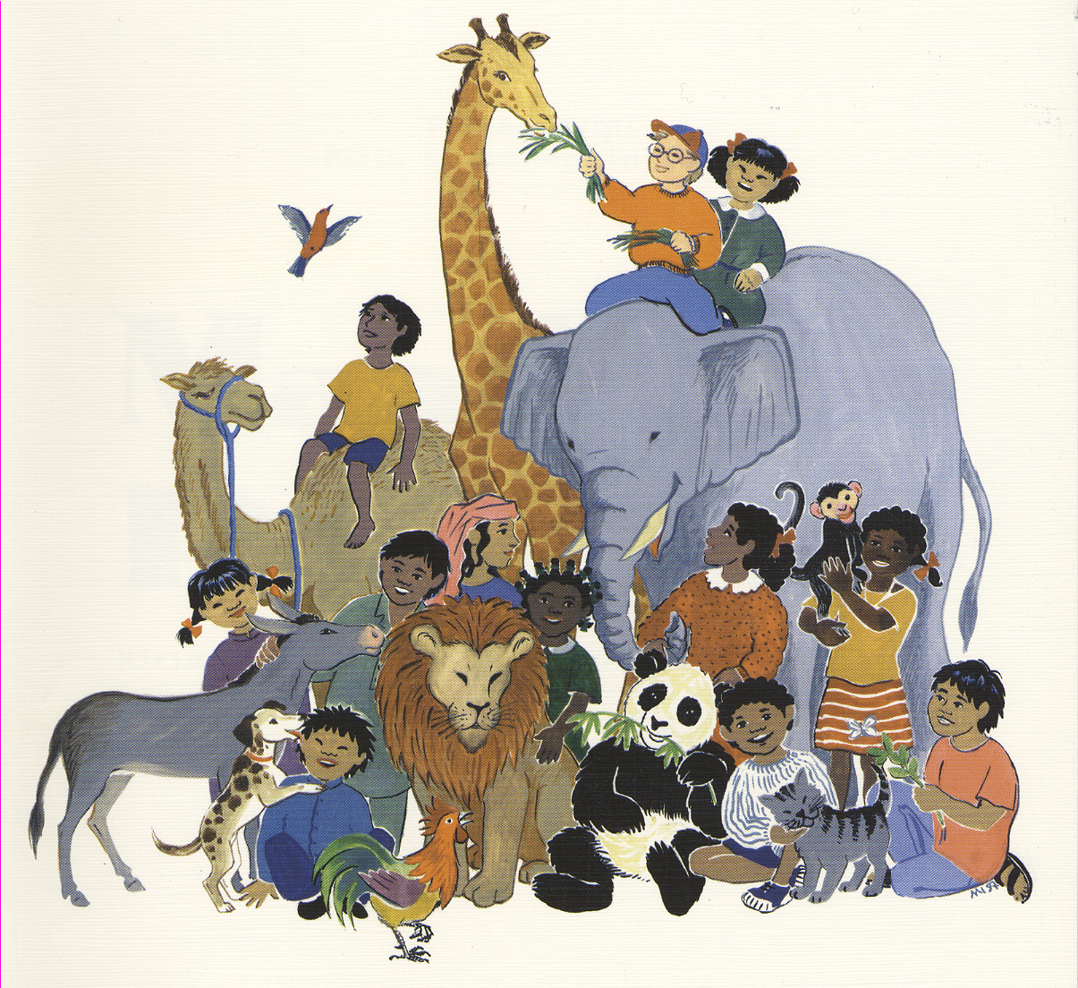 Piirroskuva, lapsia, norsu, kirahvi, kameli , aasi, panda ja muita eläimiä