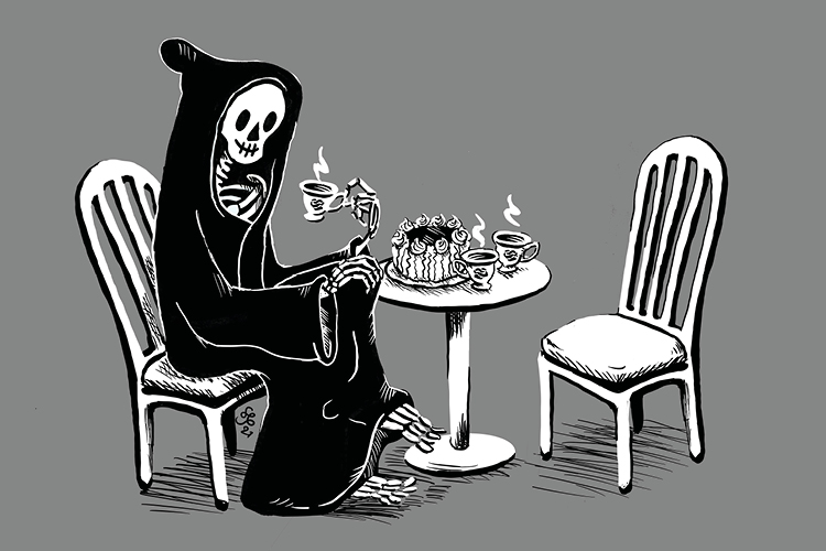 Piirroskuvassa lempeä kuolema istuu kahvipöydän ääressä kuppi kourassa, pöytään on katettu kahvi ja täyteka...