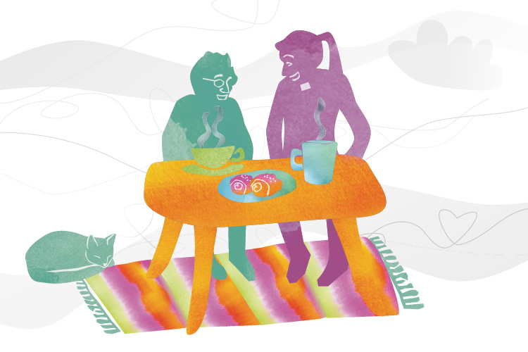 Piirroskuva, jossa kaksi ihmistä istuu kahvilla pöydän ääressä.