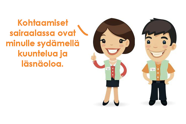 Piirroskuva saattohoidon vapaaehtoisista, nainen ja mies