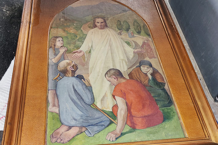 Hieman yläosasta nokeentunut taulu, jossa Jeesus siunaa lapsia.