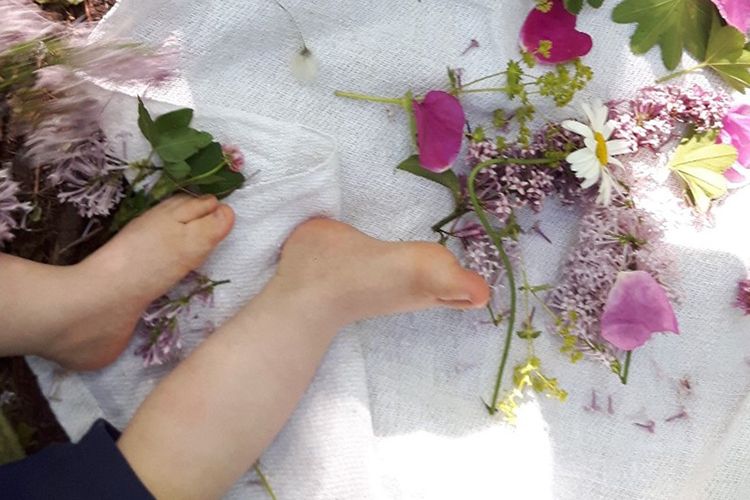 Vauvan jalat ylhäältä katsottuna, kukkien terälehtiä