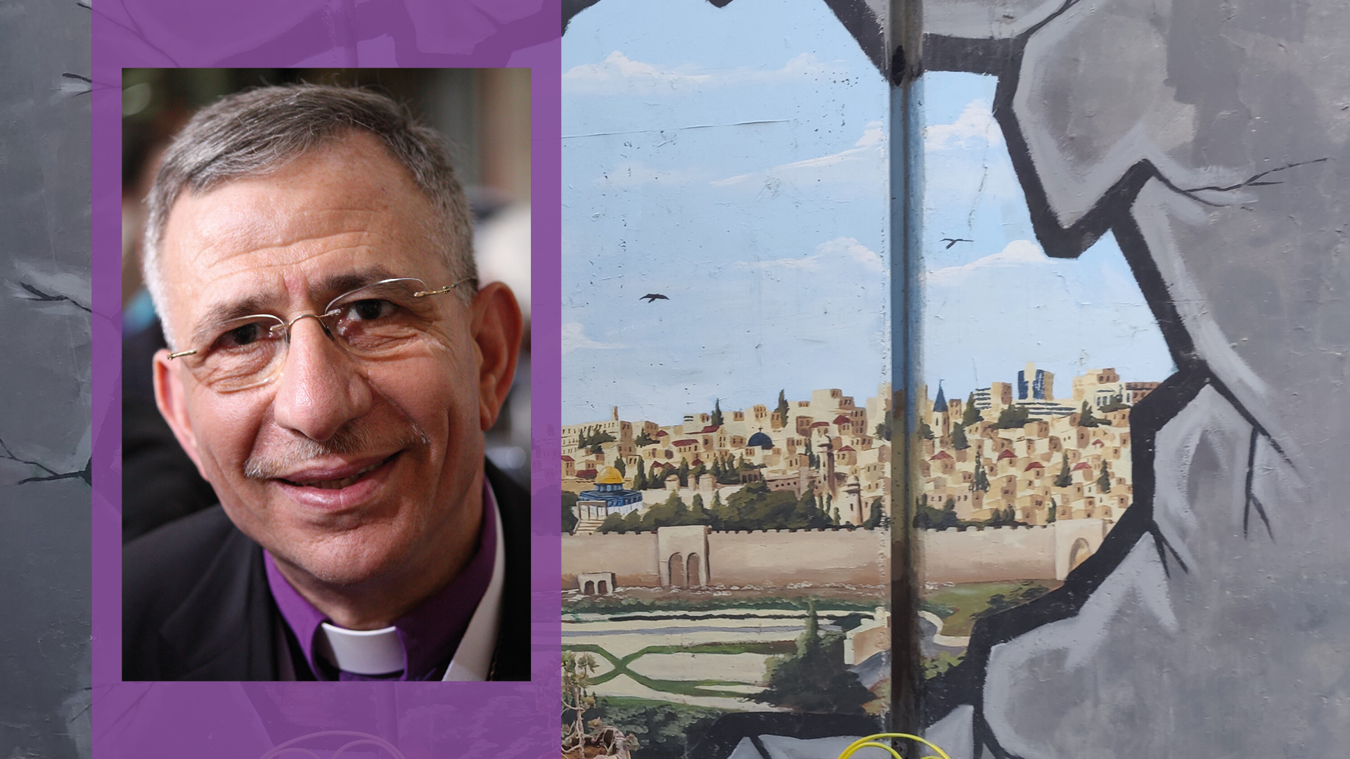 Kuvassa on emerituspiispa Munib Younanin kasvot ja kuva muraalista Palestiinassa.
