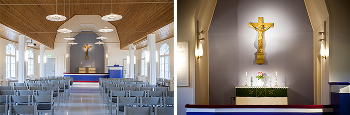 Vasemmalla valokuva kappelisalin perältä eteenpäin. Oikealla attarisyvennys, jonka seinällä on kullattu krusifiksi.