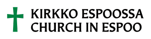 Kirkko Espoossa, Church in Espoo logo, vasemmassa reunassa vihreä risti.