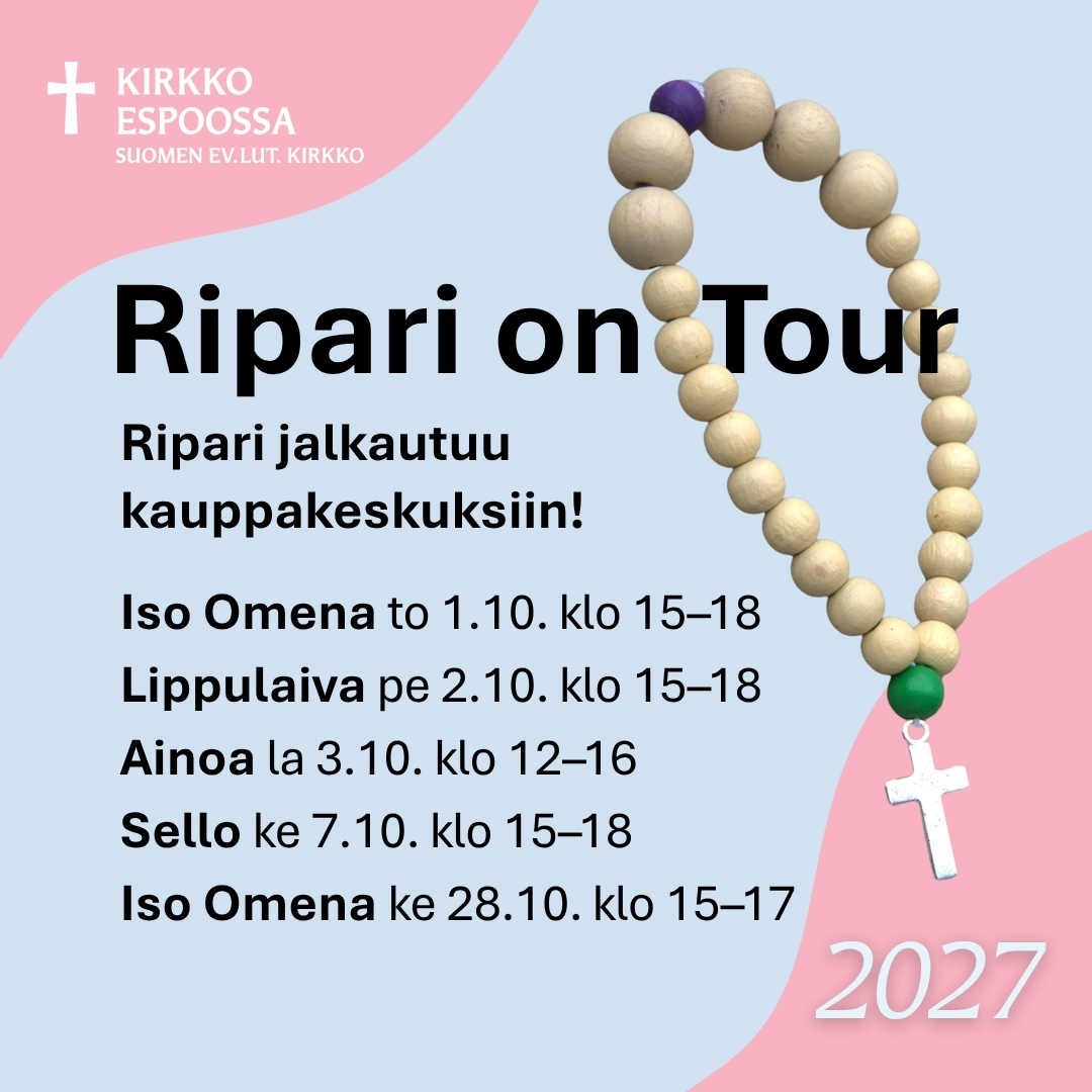 Ripari-info rantautuu Espoon kauppakeskuksiin! Iso Omena to 1.10. klo 15–18. Lippulaiva pe 2.10. klo 15–18. Ainoa la 3.10. klo 12–16. Sello ke 7.10. klo 15–18. Iso Omena ke 28.10. klo 15–17.