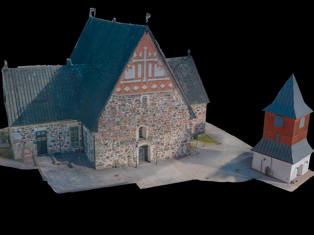 Espoon tuomiokirkko ulkoa, 3D-mallinnuksen välikuva.