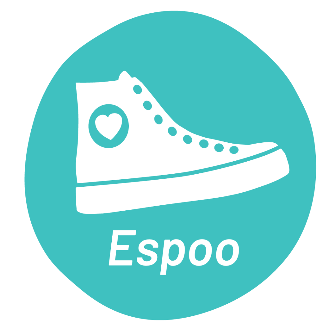Walk in terapian logo. Valkoinen kenkä turkoosilla pohjalla. Kengässä on sydämen kuva. Kengän alla lukee Espoo.